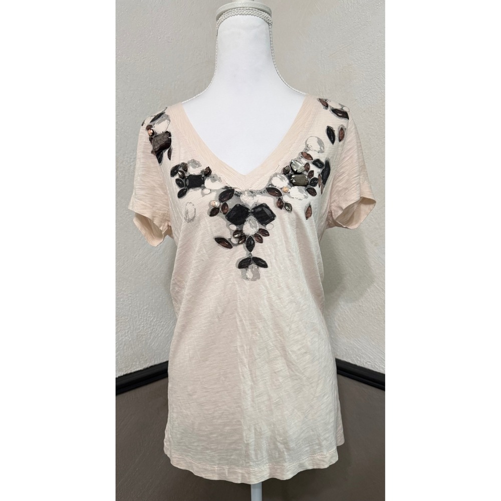 J.Crew Womens Embellished V-Neck Slub Cotton T-Shirt Peach Size M Y2K Vibe